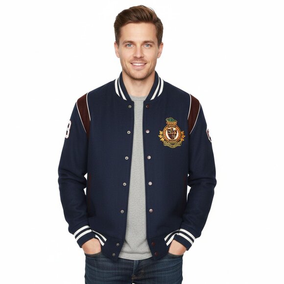 Roots Other - Roots Canada Wool Blend Varsity Jacket Navy Blue & Maroon Patches Mens Classic